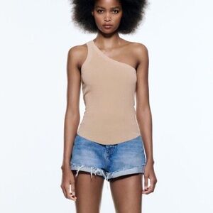 Zara Beige One Shoulder Ribbed Top